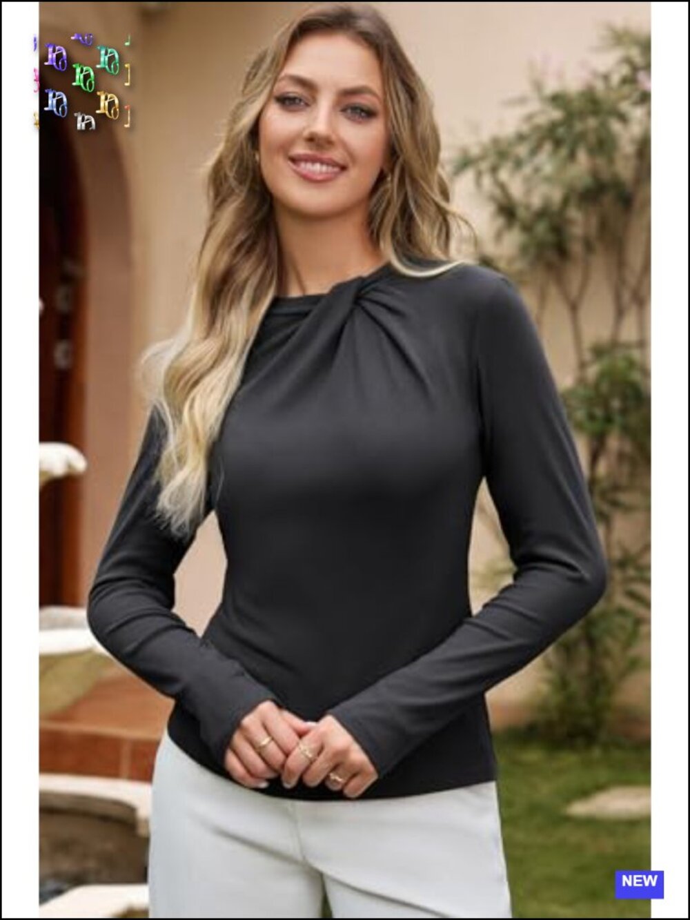Women's Long Sleeve Mock Neck Twist Knot Slim Fit Business Casual Blouse Tee - Picture 2 of 6